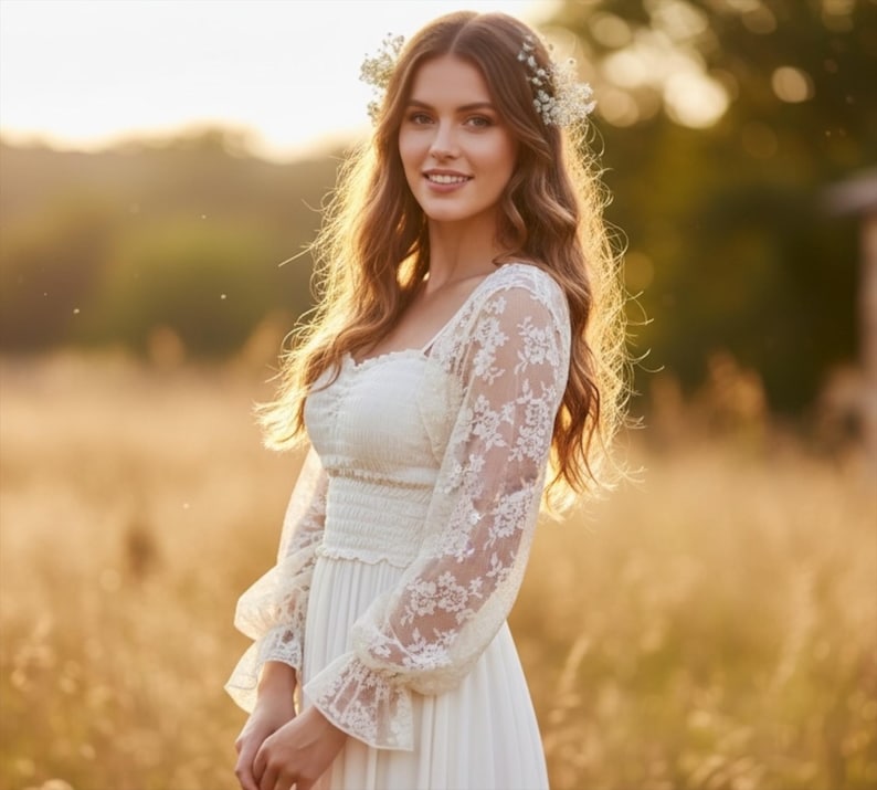 May include: A woman wearing a white lace dress with long sleeves and a square neckline, standing in a field. The dress has a fitted bodice and a flowing skirt. She wears a floral crown in her hair. The background is a blurred field of golden grass.