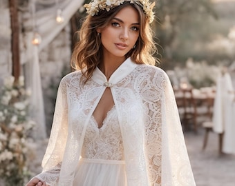 White Lace Bridal Capelet – Short Wedding Cover Up with Paisley Lace Details