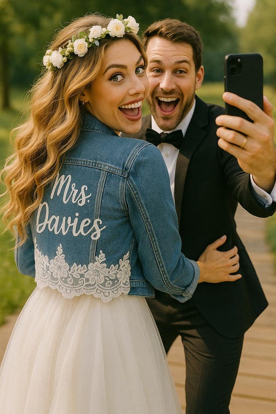 Bride Getting Ready Outfit, Wedding Morning Outfit, Mrs Jean Jacket, Chic Hand Painted Wedding Jacket with Lace, Bridal Jacket for Photos
