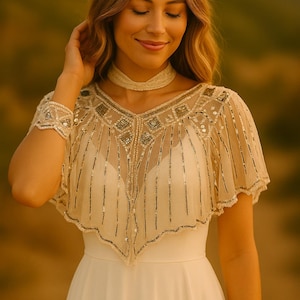 May include: A woman wearing a white dress, a beaded capelet, and a floral crown. The capelet is sheer with vertical beaded lines and a decorative neckline. The floral crown features small, light-colored roses. The background is blurred with warm tones.
