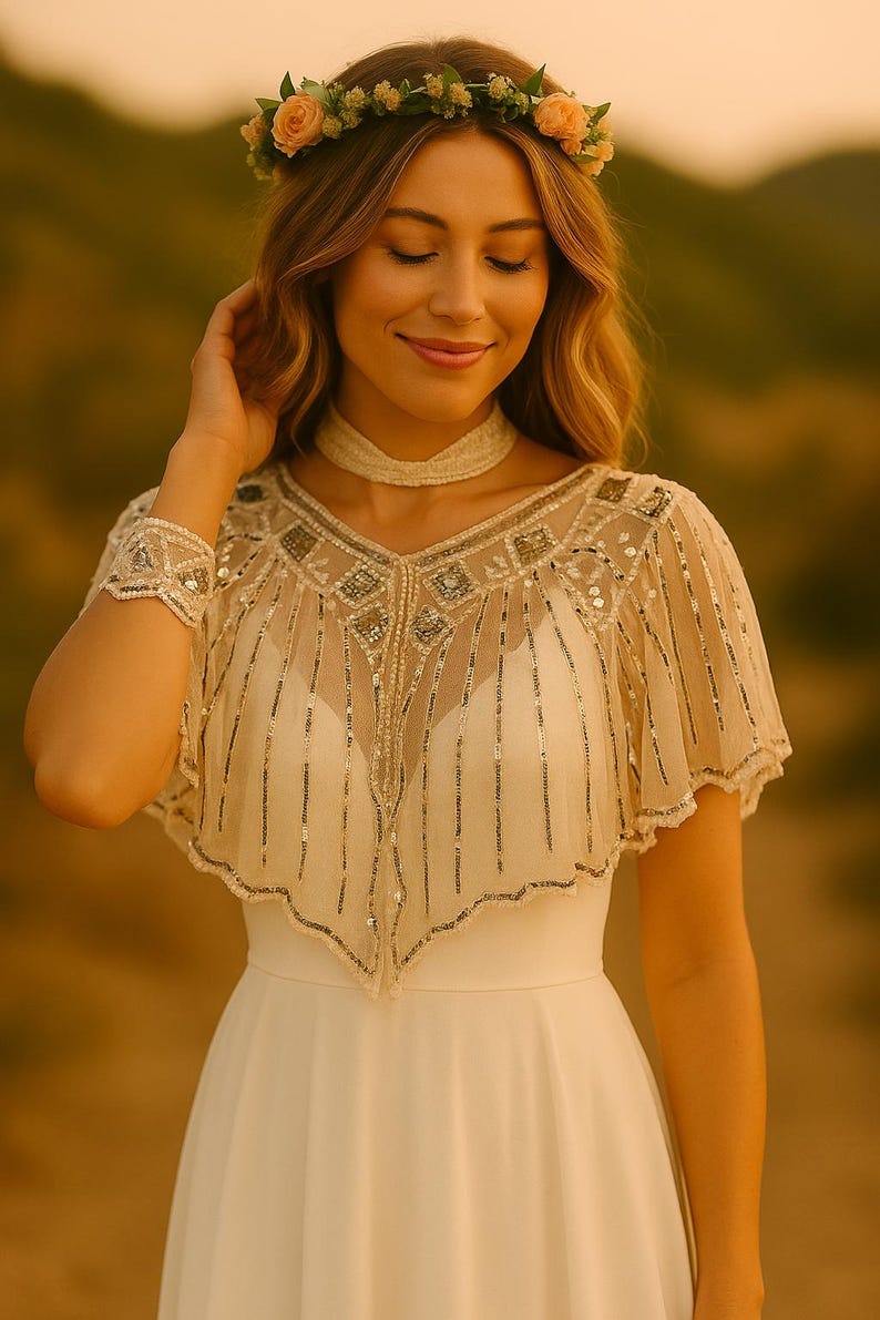 May include: A woman wearing a white dress, a beaded capelet, and a floral crown. The capelet is sheer with vertical beaded lines and a decorative neckline. The floral crown features small, light-colored roses. The background is blurred with warm tones.
