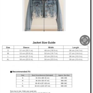 May include: Light blue denim jacket with a cropped waist and lace detailing. The jacket is displayed on a hanger, with a size guide chart below. The chart provides measurements in inches for sleeve, width, and length.