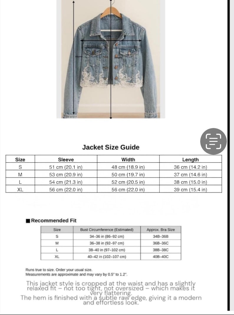 May include: Light blue denim jacket with a cropped waist and lace detailing. The jacket is displayed on a hanger, with a size guide chart below. The chart provides measurements in inches for sleeve, width, and length.