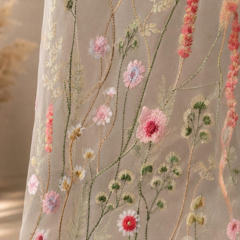 May include: A sheer, light-colored fabric featuring delicate embroidery of wildflowers in shades of pink, green, and white. The design includes tall, slender stems and various floral blooms scattered across the translucent material surface.
