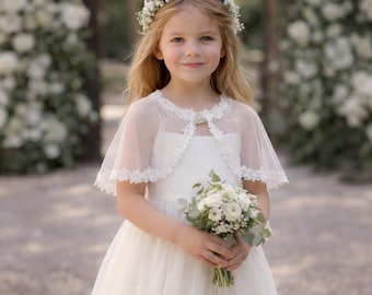 Flower Girl Cape – White Lace Tulle Capelet for Wedding, Short Bridal Cape for Girls, Communion Cape, Flower Girl Cover Up