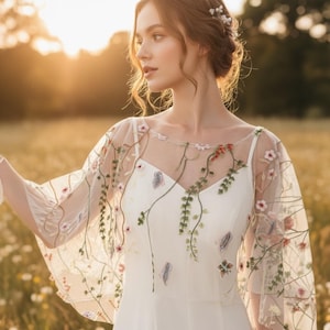 Wedding Cape For Bride - Floral Embroidered Floral Tulle Veil - Bride Cape - Sheer Cover Up Dress Topper Minimalist Wedding Shawl image 10