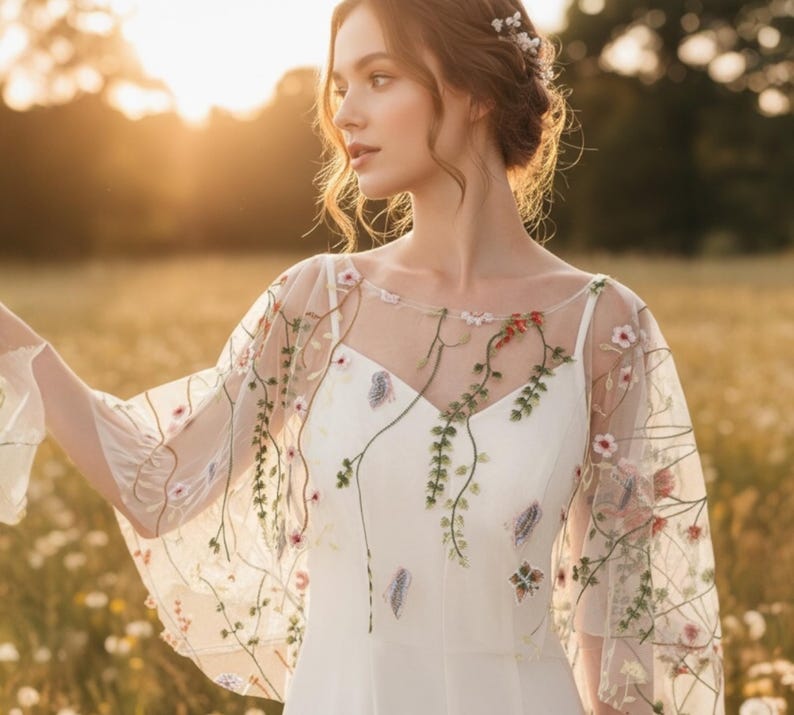 Wedding Cape For Bride - Floral Embroidered Floral Tulle Veil - Bride Cape - Sheer Cover Up Dress Topper Minimalist Wedding Shawl image 10