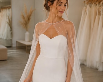 Bridal Cape Veil, Cathedral Veil, Tulle Wedding Cape, Sheer Long Pearl Bridal Cape, Ceremony Bride Cape, Wedding Capelet, Mantilla Veil
