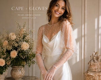 Wedding Dress Topper with Pearl Gloves, Sheer Bridal Overlay, Tulle Bridal Set for Bride