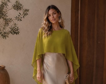 Olive Green Cape – Chiffon Evening Wrap, Mother of the Bride Shawl, Formal Capelet, Elegant Wedding Guest Cover Up