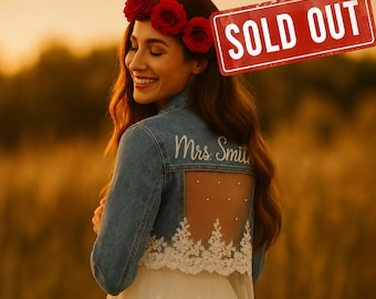 Bridal Denim Jacket - Custom Mrs Jean Jacket - Wedding Jacket with Lace and Tulle - Boho Bridal Jacket - Engagement Photo Outfit