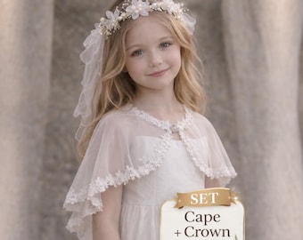 Flower Girl Set - Lace Cape and Crown, Communion outfit  For girls, Wedding Flower Girl Look, Two Pieces Set