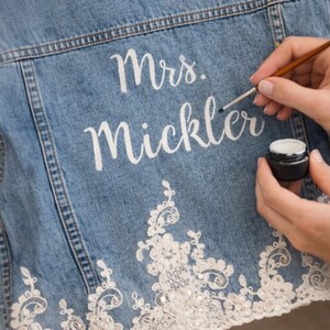 Bride Getting Ready Outfit, Wedding Morning Outfit, Mrs Jean Jacket, Chic Hand Painted Wedding Jacket with Lace, Bridal Jacket for Photos image 10