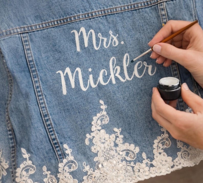 Bride Getting Ready Outfit, Wedding Morning Outfit, Mrs Jean Jacket, Chic Hand Painted Wedding Jacket with Lace, Bridal Jacket for Photos image 10