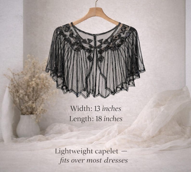 Silver Sequin Cape Shawl, Art Deco Beaded Wrap, 1920s Gatsby Capelet, Cocktail Party Cover Up, Holiday Evening Shawl image 5