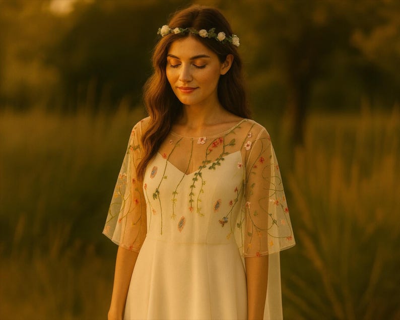 May include: A white dress featuring a sheer overlay with delicate floral embroidery on the bodice and sleeves, paired with a matching white floral crown. The dress has a V-neckline and flowing sleeves, creating a soft and elegant appearance.
