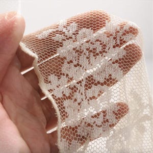 May include: Close-up of ivory lace fabric with a delicate floral pattern. The lace is held up, allowing light to pass through the intricate design. The fabric has a soft, textured appearance.
