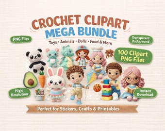 Crochet Clipart PNG Mega Bundle, Crochet PNG Bundle with Handmade Yarn Designs, High Resolution Transparent Digital Clipart