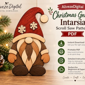 May include: A wooden intarsia Christmas gnome scroll saw pattern featuring a red hat with two snowflake accents, a layered beard in light and dark wood tones, and rounded hands and feet. The text reads Aliveze Digital Christmas Gnome Intarsia.