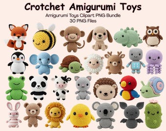 Crochet Amigurumi Clipart Bundle, Kawaii Amigurumi PNG, Cute Crochet Toy Graphics, Animal Amigurumi Art, Digital Download Illustrations
