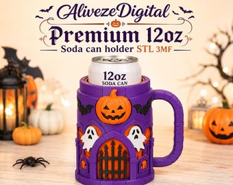 Halloween 12oz Soda Can Holder STL 3MF File, 12oz Cooler Koozie 3D Print, Pumpkin Ghost Party Favor, Fall Decor Digital Download Gift