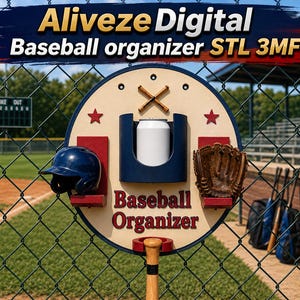 Könnte beinhalten: Ein runder Baseball-Organizer aus Holz mit dem roten Schriftzug "Baseball Organizer", einem zentralen dunkelblauen Getränkehalter, einer dunkelblauen Helmablage, einer braunen Handschuhablage und einer unteren Schlägerhalterung. Das Board zeigt zwei rote Sterne und ein gekreuztes Schläger-Symbol.