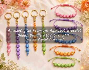 Alphabet Bead STL Bundle, Round Letter Beads 3D Print Files, Custom Bracelet Beads, Multicolor 3MF Files, DIY Name Jewelry Beads letters