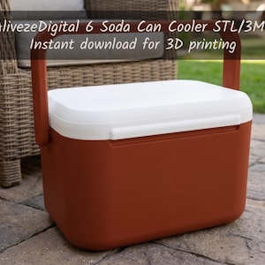 May include: A rust-colored portable cooler with a white lid and a matching rust-colored handle. The text on the image reads: AlivezeDigital 6 Soda Can Cooler STL/3MF Instant download for 3D printing. This is a digital file for 3D printing.