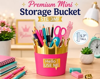 Mini seau de rangement premium STL 3MF, porte-stylo couronne, organiseur de bureau, pot à crayons, décoration imprimable en 3D, fichier à télécharger instantanément pour impression 3D