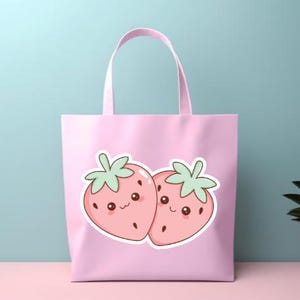 K&ouml;nnte beinhalten: Eine hellrosa Tragetasche mit einem Paar l&auml;chelnder Erdbeer-Illustrationen. Die Erdbeeren sind rosa mit gr&uuml;nen Bl&auml;ttern und schwarzen Samen. Die Tasche hat einen Griff und steht vor einem hellblauen Hintergrund.