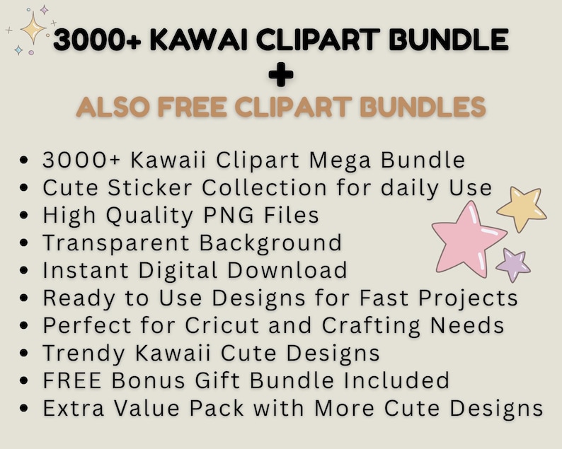 K&ouml;nnte beinhalten: Ein Bild mit dem Text "3000+ KAWAI CLIPART BUNDLE + ALSO FREE CLIPART BUNDLES". Das Bild listet Funktionen wie ein Mega-Bundle, eine niedliche Aufkleberkollektion, hochwertige PNG-Dateien, einen transparenten Hintergrund und gebrauchsfertige Designs auf.