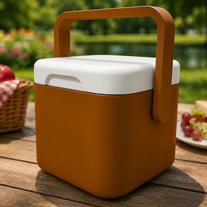 May include: A brown and white cooler with a matching handle. The cooler is on a wooden table with a picnic basket, food, and drinks in the background. The cooler is designed to keep food and drinks cool.