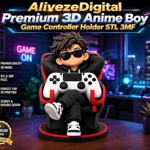 以下が含まれることがあります： ゲーミングチェアに座り、白いゲームコントローラーを持っているアニメ風キャラクターの3Dモデル。キャラクターは黒髪で、黒いサングラス、黒いパーカー、黒いズボン、白いスニーカーを着用している。テキストには「AlivezeDigital Premium 3D Anime Boy Game Controller Holder STL 3MF」と書かれている。