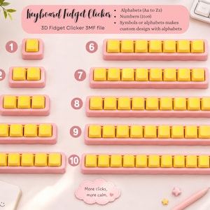 May include: A collection of pink and yellow keyboard fidget clickers. The clickers are arranged in rows, with varying numbers of yellow keys on pink bases. Text at the top reads "Keyboard Fidget Clicker" and "3D Fidget Clicker 3MF file."