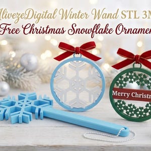 May include: A light blue snowflake wand, a light blue circular ornament with a white snowflake, and a green circular ornament with a wreath and the text Merry Christmas. Each ornament features a red velvet ribbon bow at the top.