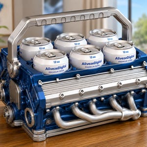 Puede incluir: Un portabebidas azul y plateado con forma de motor que contiene seis latas de 12 oz de refresco premium AlivezeDigital. El soporte cuenta con un asa metálica, componentes detallados del bloque del motor y tubos de escape plateados.