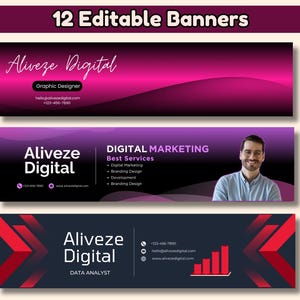 Plantillas de banner de LinkedIn, información de contacto minimalista, editables en Canva (descarga digital)
