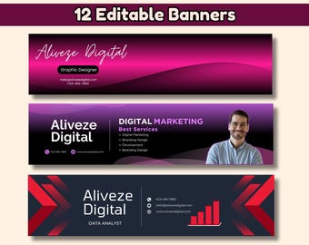 LinkedIn Banner Templates, Minimalist Contact Info, Canva Editable (Digital Download)