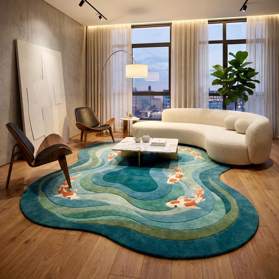Hand Tufted Koi Fish Rug, Organic Shape Pond Carpet, Blue Green Artistic Floor Decor, Luxury Designer Living Room Statement Piece
