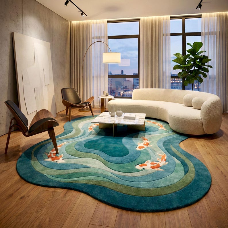 Hand tufted koi fish area rug with organic irregular shape in teal blue tones, luxury modern living room statement carpet.