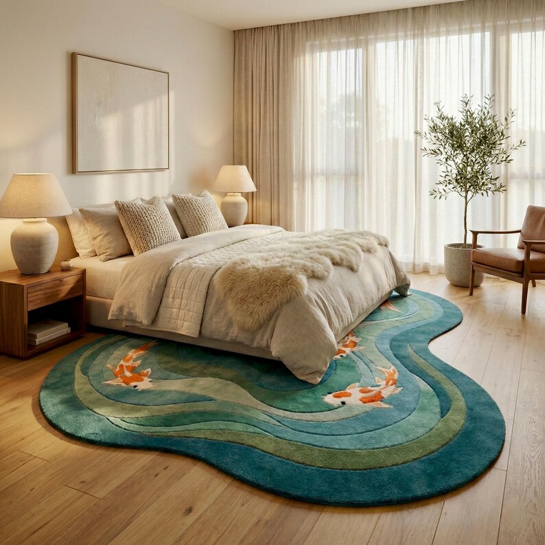 Luxury irregular koi fish rug placed beside bed, soft plush hand tufted carpet for modern bedroom décor.