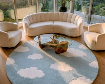 Handgetufteter runder Wollteppich mit Himmelblau und Wolkenmuster, blauer Kinderzimmerteppich, Kinderzimmerdeko, moderner Spielzimmerteppich, Sonderanfertigungen möglich
