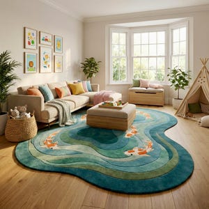Artistic koi fish statement rug in cozy living room setting, modern organic shape carpet for contemporary home décor.