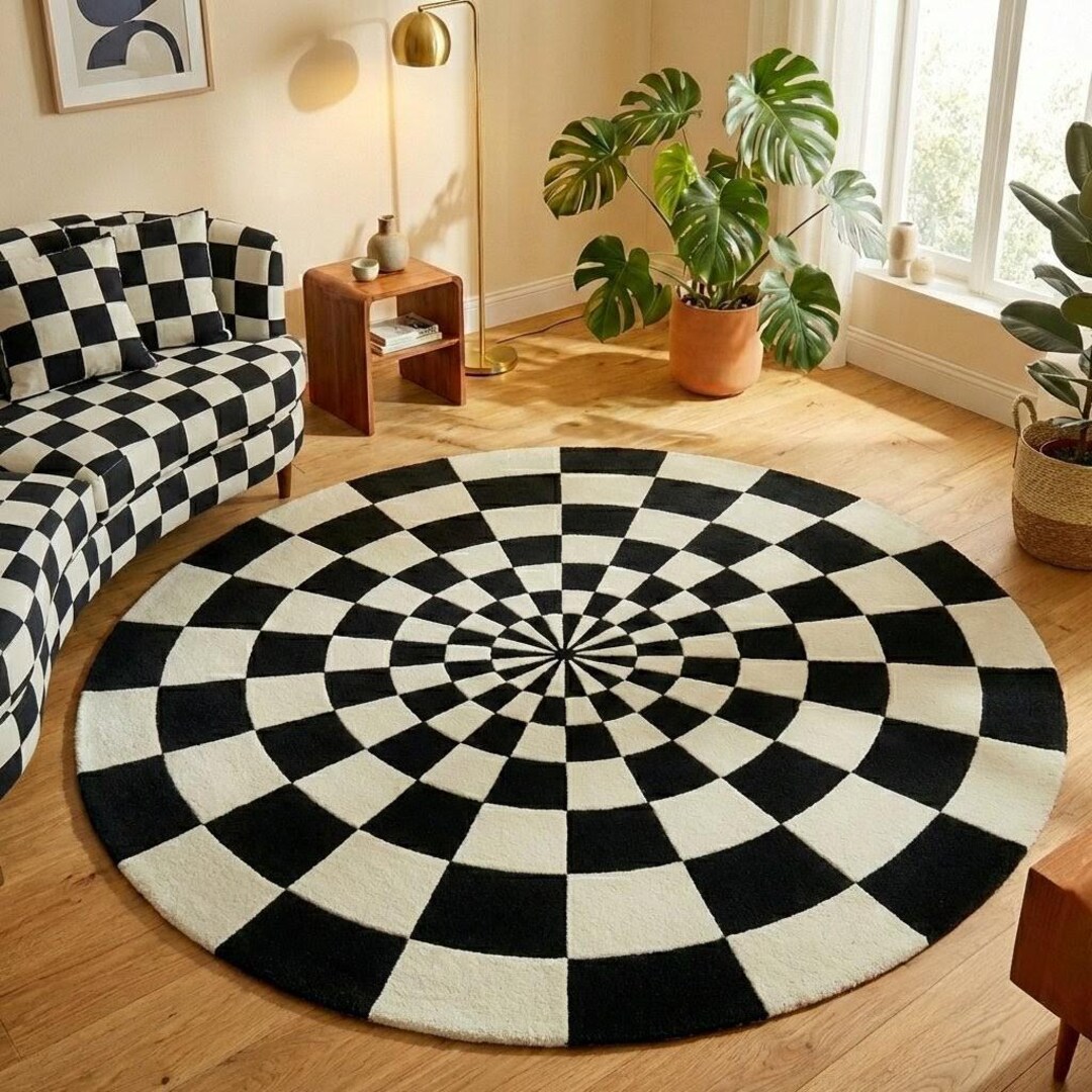 Black White Checkered Round Rug, Optical Illusion Geometric Carpet ...