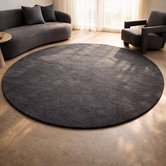 Charcoal Round Rug Hand Tufted Wool Carpet Modern Minimalist Circle Floor Decor Dark Grey Living Room Bedroom Custom Size