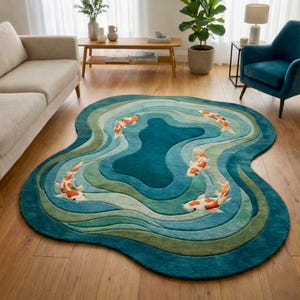 Abstract koi pond inspired hand tufted rug with flowing water pattern, artistic teal and aqua modern area rug for living room.