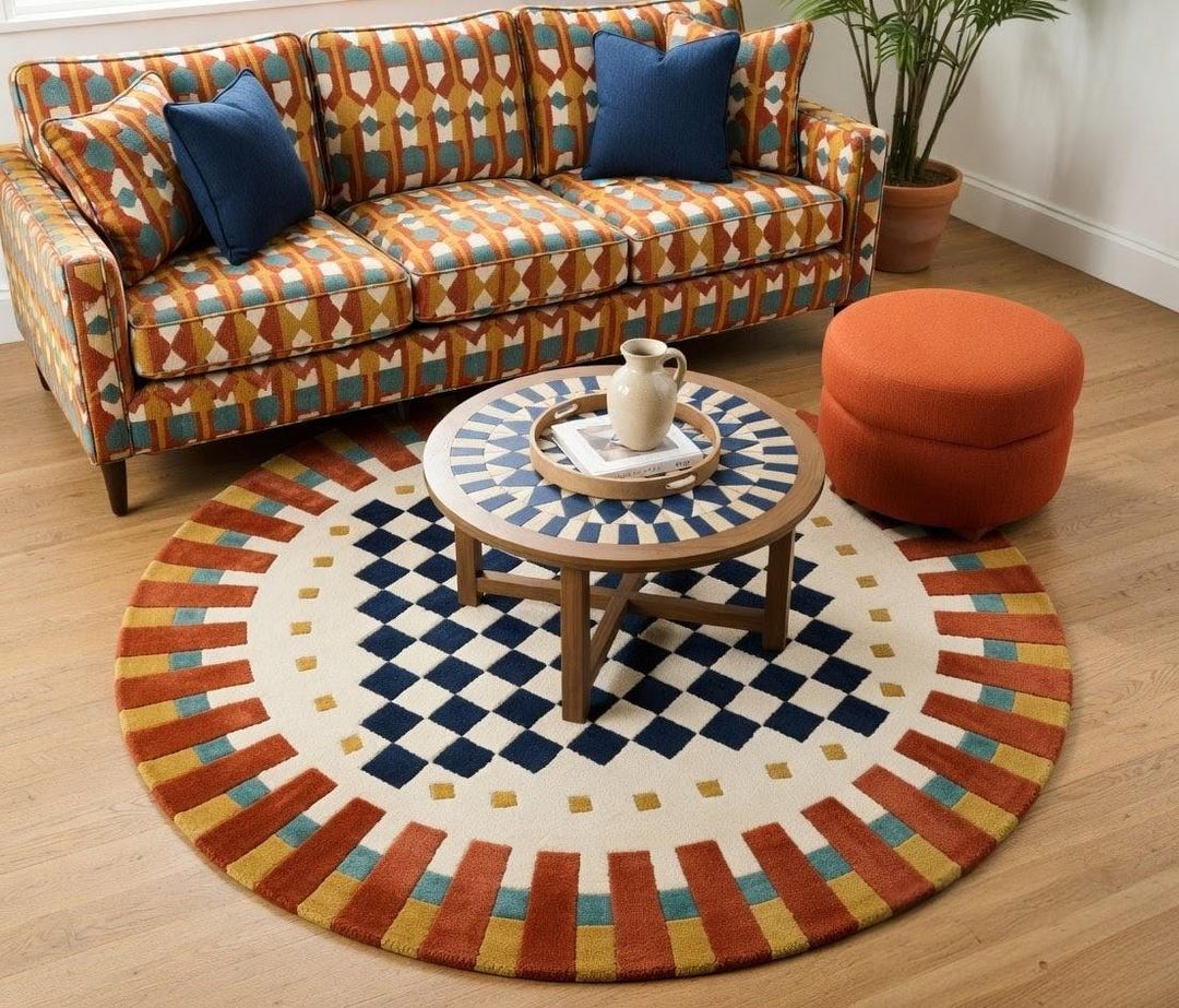 Round Geometric Pattern Rug, Hand Tufted Wool Area Carpet, Colorful ...