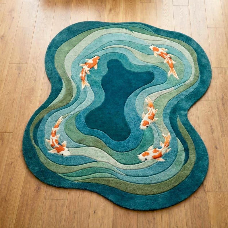 Top view of organic shaped koi fish rug showing abstract wave design, modern designer handmade area rug.