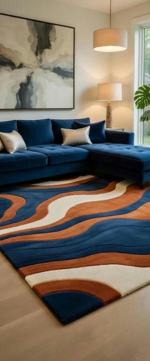 Hand Tufted Blue Rust Abstract Rug, Modern Wave Wool Area Rug, Navy ...