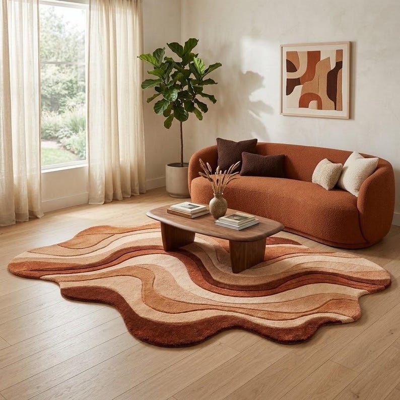Organic R Shaped Rug Irregular Abstract Rug, Wavy Organic Area Rug, Hand Tufted Carpet ...